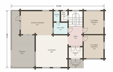Проект двухэтажного дома из клееного бруса с двумя гостевыми комнатами на первом этаже / План 1 этажа