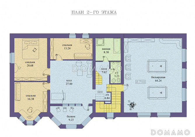 Проект двухэтажного дома с бассейном на цокольном этаже, гаражом и двумя эркерами / План 2 этажа