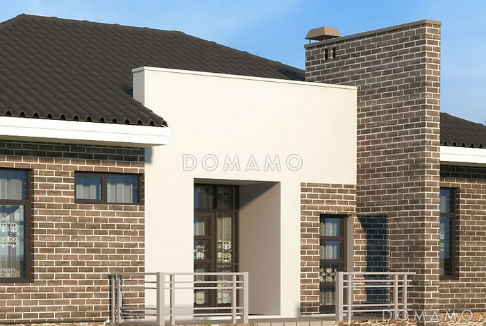 Проект одноэтажного дома с облицовкой кирпичом, двумя спальнями и кладовой