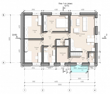 Проект компактного дома с тремя спальнями и проходной кухней-гостиной / План 1 этажа