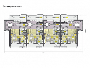 Проект дома с крытой террасой, балконами, круглыми окнами, большой кухней-столовой / План 1 этажа