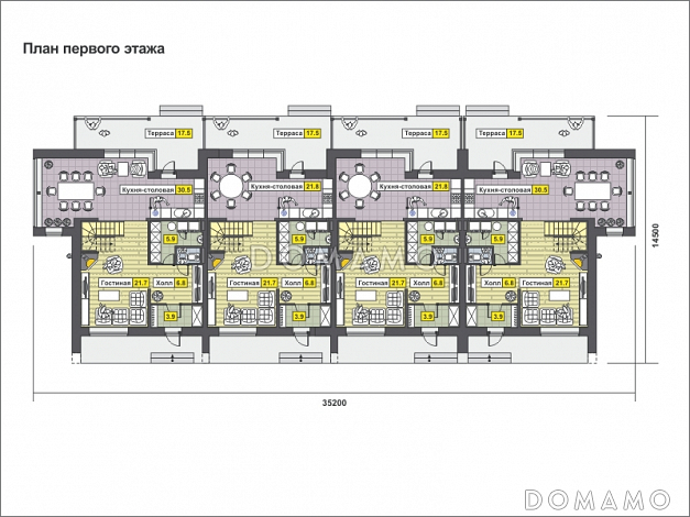 Проект дома с крытой террасой, балконами, круглыми окнами, большой кухней-столовой / План 1 этажа