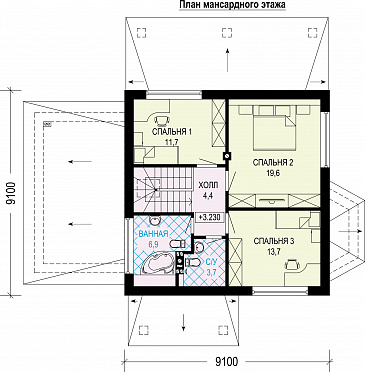 Проект одноэтажного газобетонного дома с мансардой, гаражом и террасой / План мансардного этажа