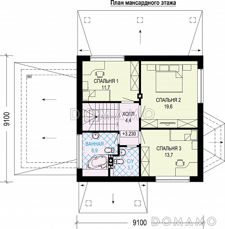 Проект одноэтажного газобетонного дома с мансардой, гаражом и террасой / План мансардного этажа