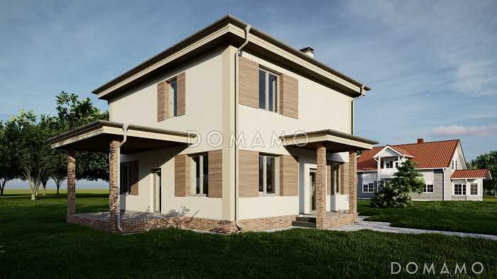 Проект двухэтажного дома с тремя спальнями, кабинетом, гостной-кухней-столовой и котельной