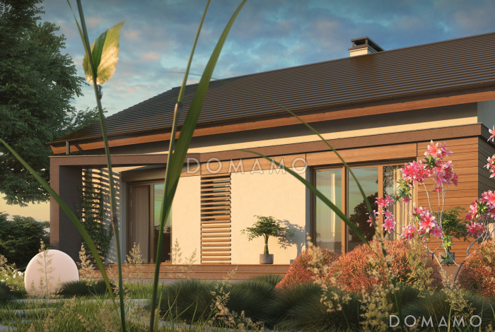 Проект компактного одноэтажного дома из газобетона с оригинальной открытой террасой по периметру 