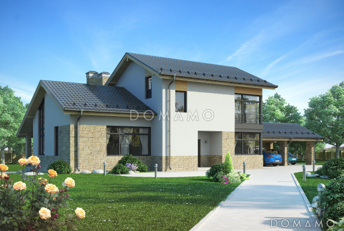 Проект дома с навесом для автомобилей, кухней с выходом на крытую террасу, двумя спальнями на первом этаже, вторым светом