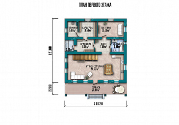 Проект шале с 4 комнатами, террасой, балконами и вторым светом / План 1 этажа