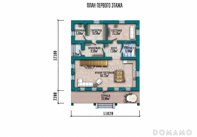 Проект шале с 4 комнатами, террасой, балконами и вторым светом / План 1 этажа