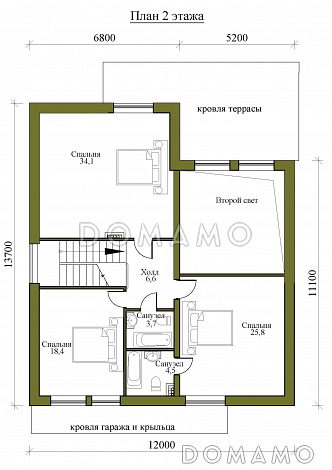 Проект одноэтажного дома в стиле Барнхаус с мансардой, четырьмя спальнями и вторым светом / План мансардного этажа