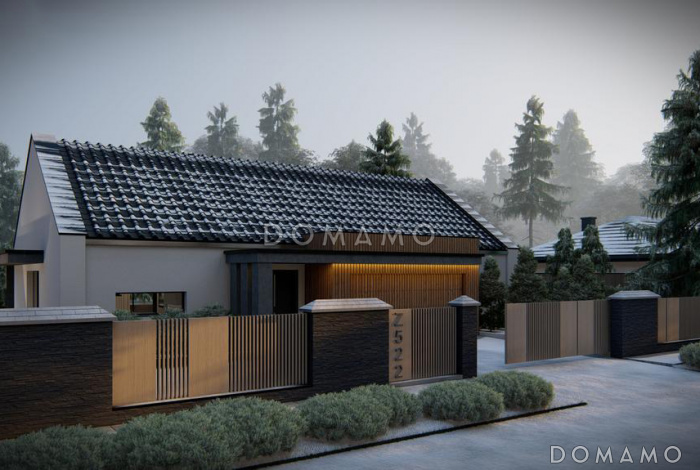 Проект одноэтажного дома с гаражом на две машины, кухней по одной стене с кладовой, кабинетом