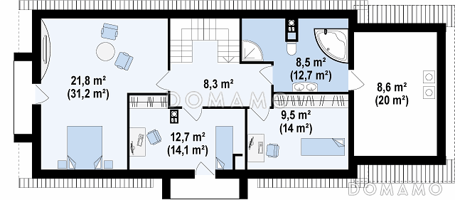 Проект мансардного дома из кирпича с гаражом, прямоугольным эркером и двумя балконами / План мансардного этажа