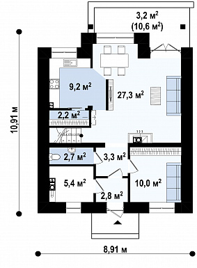 Проект комфортного загородного с отделкой фасадов кирпичом, кладовой, с террасой, балконом / План 1 этажа