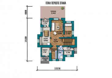 Проект дома с мастер-спальней, постирочной, двумя балконами, верандой и террасой / План 1 этажа