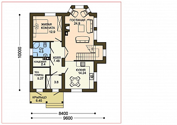 Проект двухэтажного коттеджа с кирпичной отделкой и эркером в гостиной / План 1 этажа