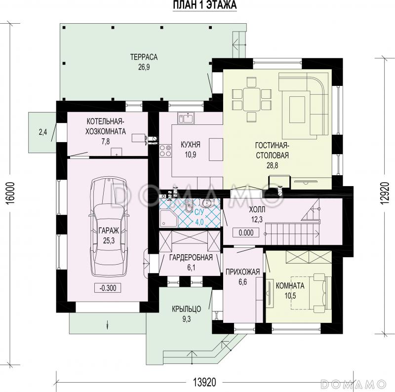 Проект дома с гаражом, мастер-спальней и комнатой на первом этаже / План 1 этажа
