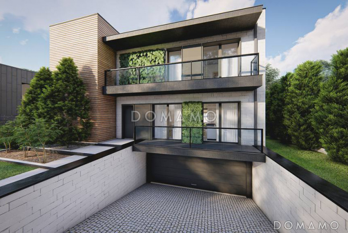 Проект двухэтажного загородного дома с подвалом, гаражом, кладовой, балконами