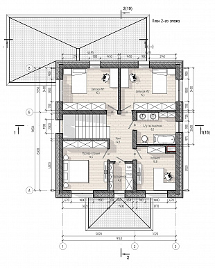 Проект двухэтажного дома с верандой, 4 спальнями, кухней-гостиной и местами для хранения / План 2 этажа