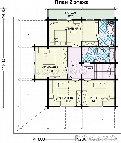 Проект двухэтажного дома из бруса с масштабной крытой террасой / План 2 этажа
