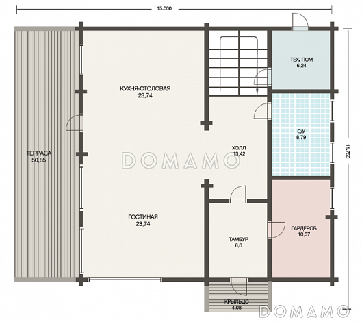 Проект двухэтажного дома из клееного бруса с просторной кухней-столовой / План 1 этажа