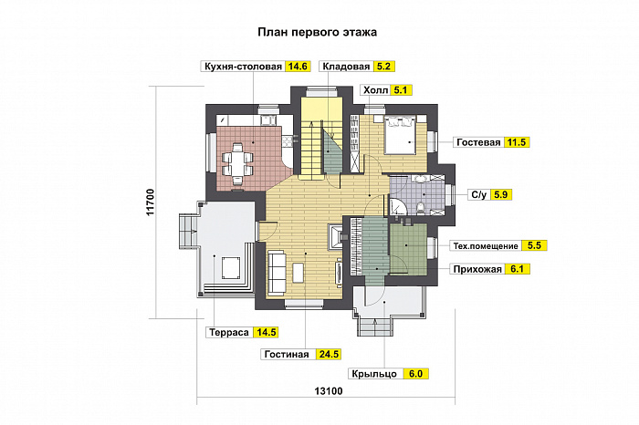 Проект дома с крытой террасой, кладовой под лестницей. эркерами, гостевой на первом этаже, спальнями и кабинетом на втором этаже / План 1 этажа
