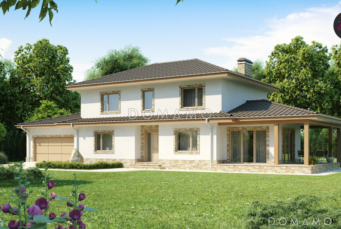 Проект красивого просторного двухэтажного коттеджа из кирпича с крытой террасой и гаражом