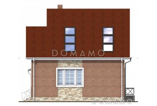 Проект загородного дома с тремя спальнями на мансардном этаже, круглым окном, гаражом на одну машину / Фасад 2