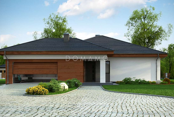 Проект комфортного одноэтажного дома из газобетона с тремя спальнями и пристроенным гаражом на два автомобиля