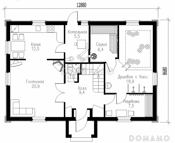 Проект дома для отдыха с баней и бассейном / План 1 этажа