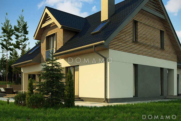 Проект комфортного одноэтажного мансардного дома из газобетона с гаражом для двух автомобилей