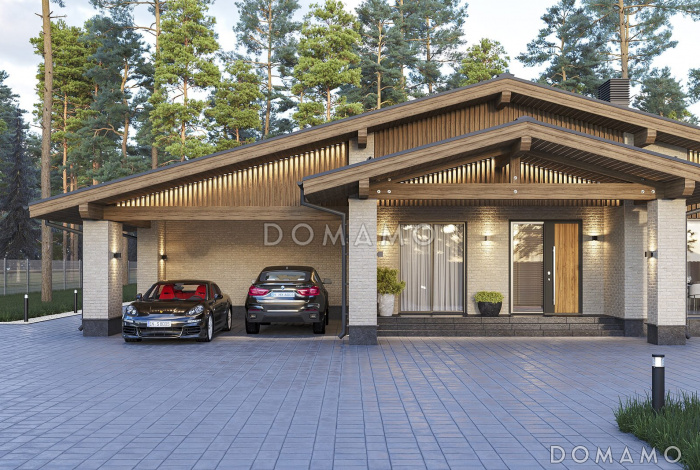 Проект дома с террасами, зоной барбекю, приватной зоной и просторной гостиной-кухней-столовой