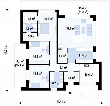 Проект одноэтажного дома с плоской крышей, террасами, большой спальней с гардеробными и ванной / План 1 этажа