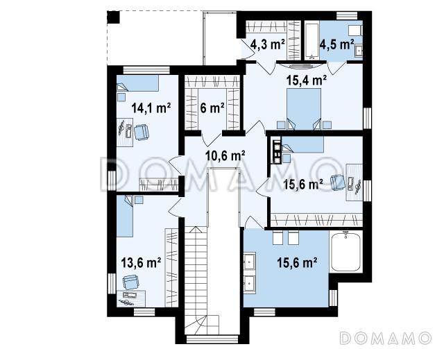 Проект современного двухэтажного дома из газобетона с дополнительной спальней на первом этаже и гаражом / План 2 этажа