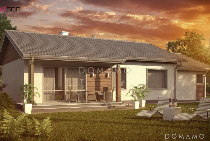 Проект одноэтажного дома простой формы с двухскатной крышей, гаражом, ванной с окном