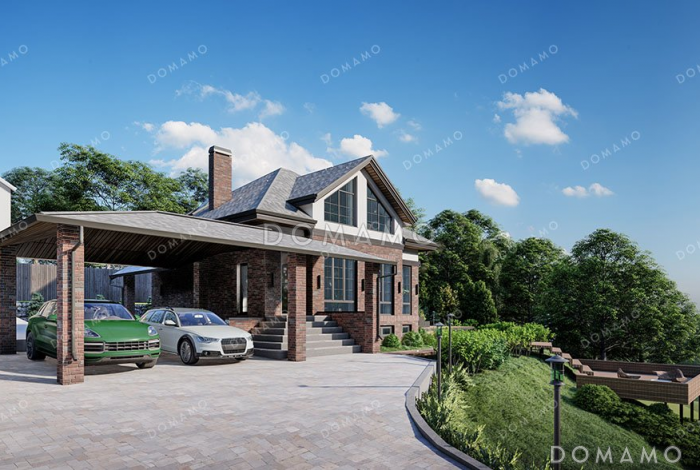 Проект одноэтажного дома с мансардой, большой террасой и навесом на два автомобиля