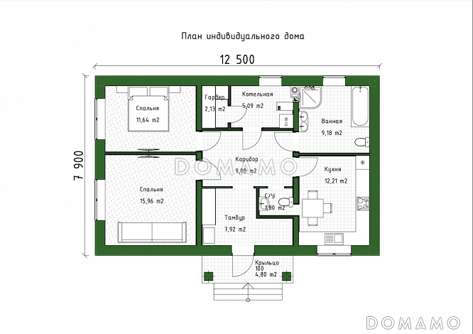 Проект компактного одноэтажного дома из газобетона для небольшой семьи / План 1 этажа