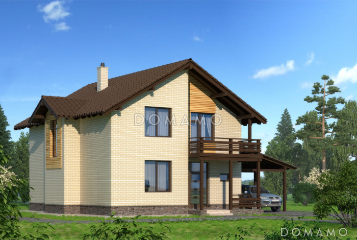 Проект бежевого двухэтажного дома с лоджией над крыльцом