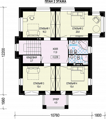 Проект двухэтажного газобетонного загородного дома с просторной гостиной-столовой и четырьмя спальнями / План 2 этажа