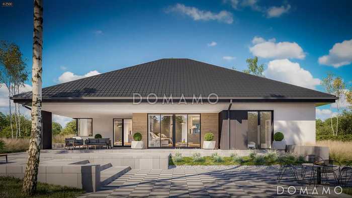 Проект кирпичного дома с мастер-спальней, террасой и гаражом