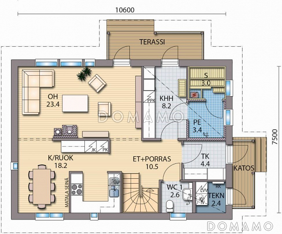 Проект каркасного дома с большой гардеробной в спальной комнате на втором этаже / План 1 этажа