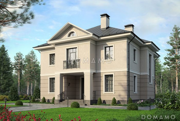 Проект дома с большой гостиной, санузлом, гостевой, хозяйской спальней с балконом