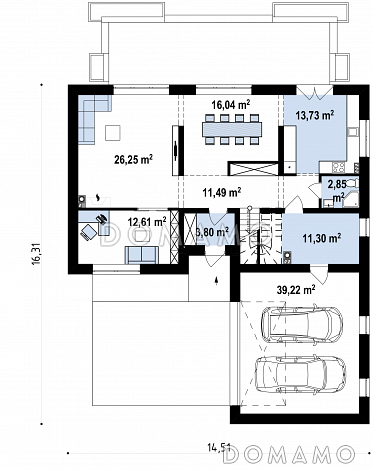 Проект комфортного одноэтажного мансардного дома из газобетона с гаражом и террасой над ним / План 1 этажа
