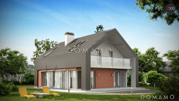 Проект одноэтажного мансардного дома из кирпича с балконом и современными элементами экстерьера