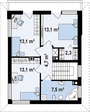 Проект компактного двухэтажного дома из газобетона с тремя спальнями с кирпичной облицовкой фасадов / План 2 этажа