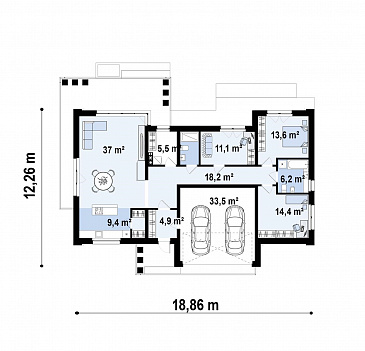 Проект современного одноэтажного дома с гаражом на две машины, кухней по одной стене с кладовой, кабинетом / План 1 этажа