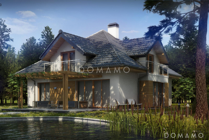 Проект дома с гаражом на две машины, спальней на первом этаже,  балконами и террасой