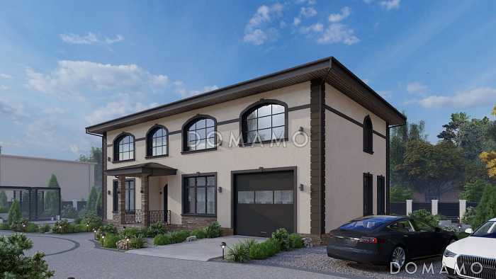 Проект двухэтажного дома из газобетона с 5 спальнями, сауной и гаражом на 1 машину