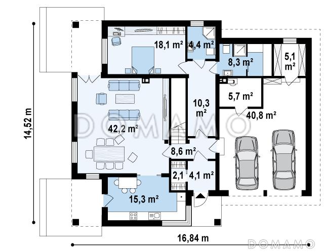 Проект просторного двухэтажного дома из газобетона с дополнительной спальней на первом этаже, гаражом и сауной / План 1 этажа