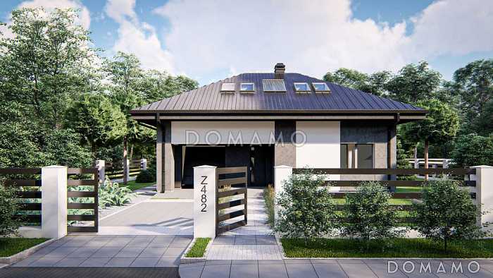 Проект загородного дома с мансардой, гаражом, просторной гостиной с камином, тремя спальнями на мансарде