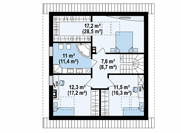 Проект одноэтажного мансардного дома из газобетона с дополнительной спальней на первом этаже  / План мансардного этажа